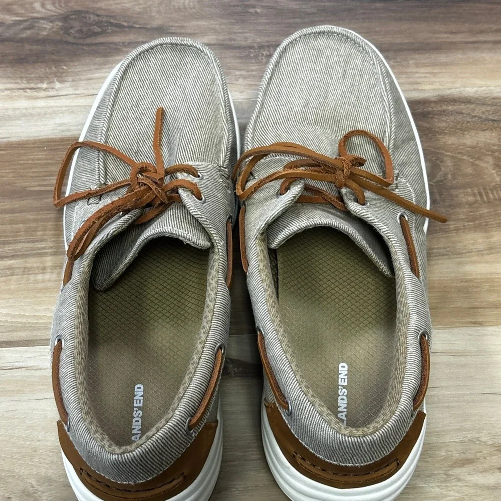 Lands End Boat Shoes Size 12D Canvas Deck Shoes Twill Casual Khaki Tan